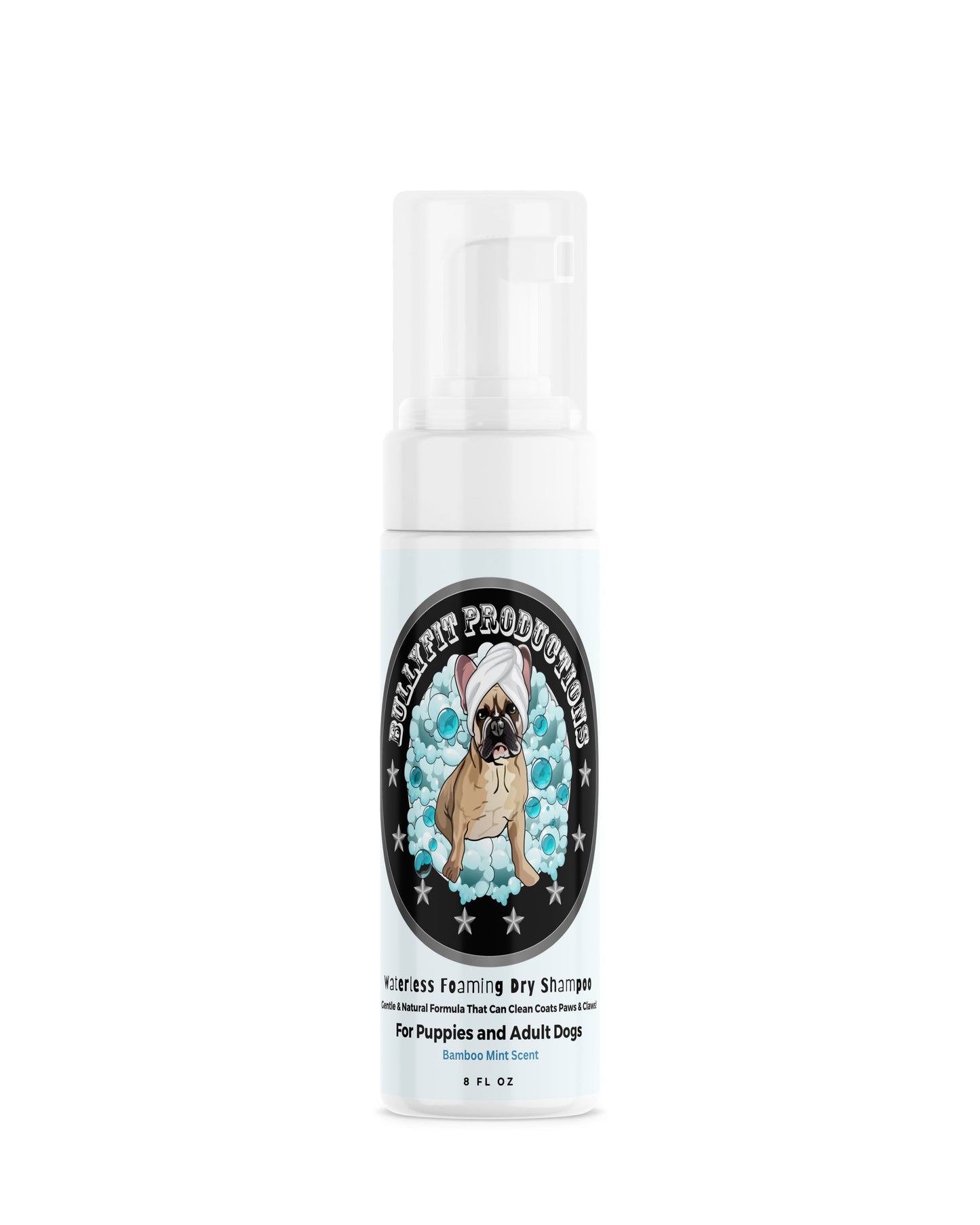 BullyFIT Waterless Foaming Dry Shampoo 8oz Bamboo Mint Scent| Safe for puppies | No Rinse Required| Safely Clean K9s Face & Behind Ears|Eco Friendly | Vet Approved| Cruelty Free| Tear Free