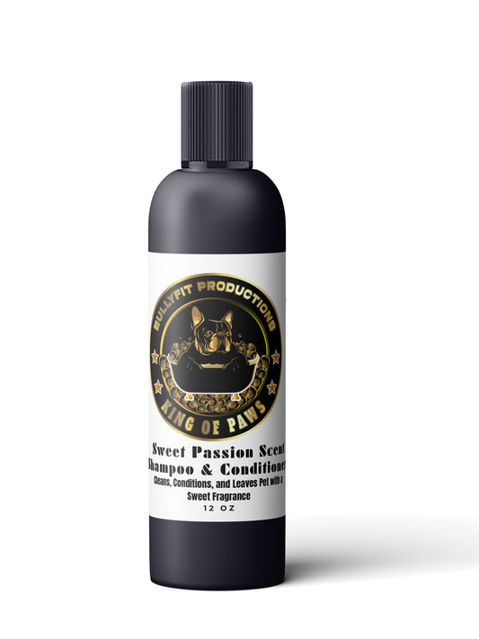 BullyFIT x King Of Paws Sweet Passion 5 in 1 Pet Shampoo & Conditioner 12oz | Organic Dog Shampoo for Sensitive Skin | Deodorizing |Detangling Pet Grooming Kit for All K9 Breeds| Cruelty Free | Vegan Friendly